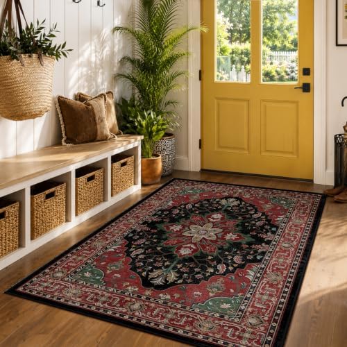 RELEANY Washable Area Rug, 5'x7', Red/Black