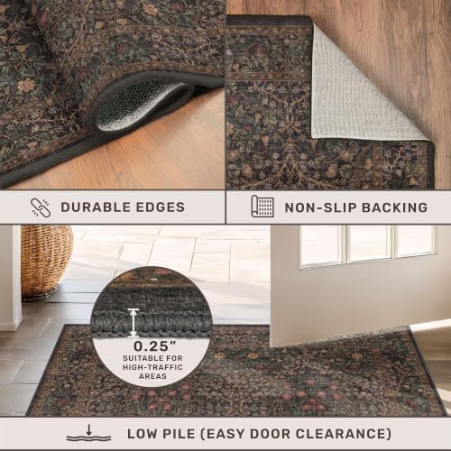 Boho Dark Brown 3x5 Large Entryway Rug - Moody Neutral Washable Low Pile Area Rugs Non-Slip for Mudroom, Door Mat Indoor Entrance, Kitchen, Laundry, Taupe Golden Accent Floral Floor Decor