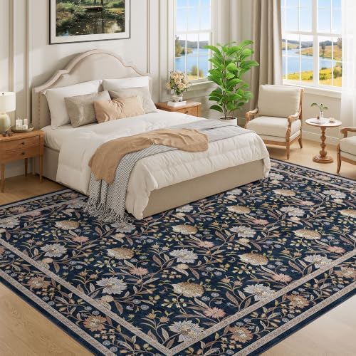 DUKINO 9x12 Area Rug for Living Room Vintage Floral Washable Rug, Navy Blue