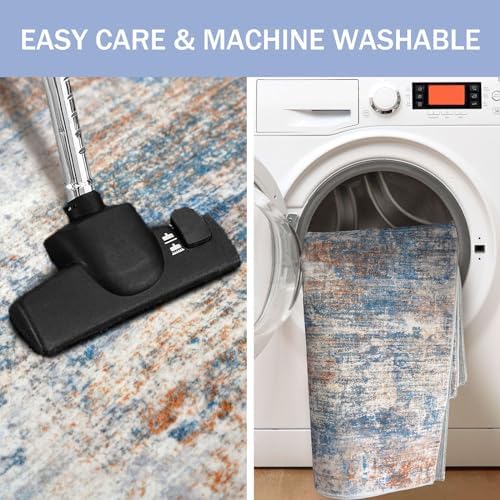 IOHOUZE Abstract Area Rugs 9x12 Ft Washable Large Rugs for Living Room, Non Slip Dining Room Rug, Printed Faux Wool Rugs for Bedroom, Floor Carpet for Office Nursery Playroom, Blue Rust