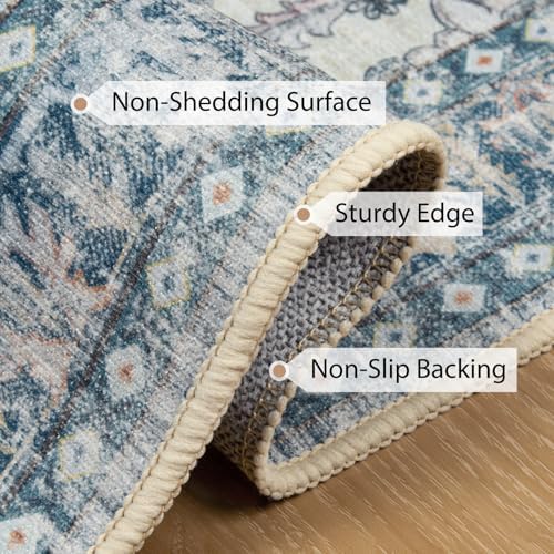 BESTSWEETIE Washable Boho 5x7 Area Rug, No Pile for Living Room, Blue Navy