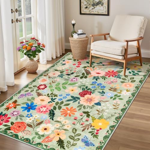 PLHXFR Area Rug Living Room: 3x5 Floral Washable Boho Soft Carpet Green