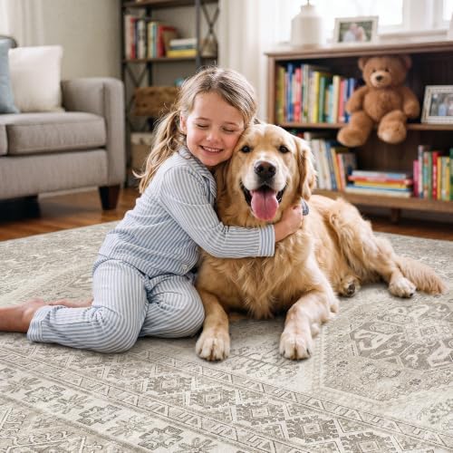 Ksrau 7x9 Area Rug Washable: Non Slip Living Room Floor Carpet Beige