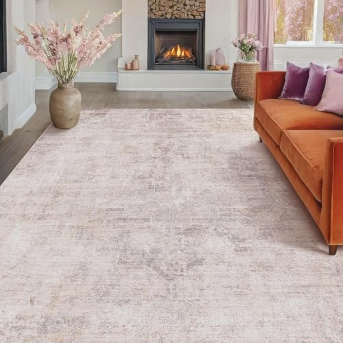 Washable Modern Living Room 8x12 Area Rugs - Pink Mauve and Grey Rug for Dining Room Under Table, Large Bedroom Carpet, Non Slip & Soft, Medallion Distressed Print Pattern, Distressed Design