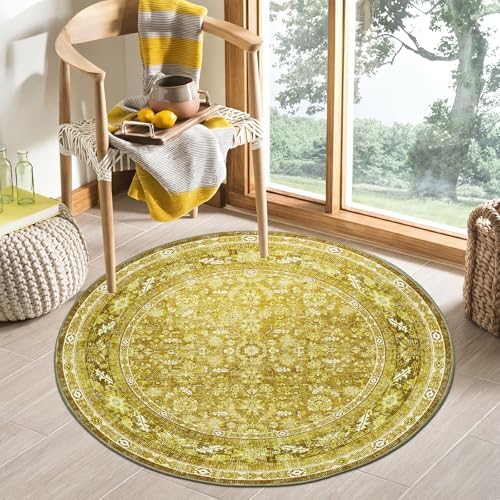 OPPODREAM Vintage Yellow Area Rugs 4' Round, Washable Rug for Living Room