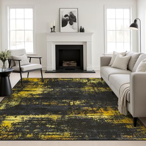 Area Rug Living Room: 6x6 Modern Washable Soft Carpet Black Gold