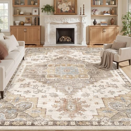 befbee 8x10 Area Rugs for Living Room, Floral Vintage Washable Rug Brown