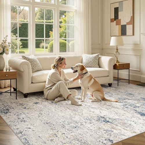 DMOYEST Area Rug Living Room Rugs 10x12 Washable Abstract Beige Blue Carpet