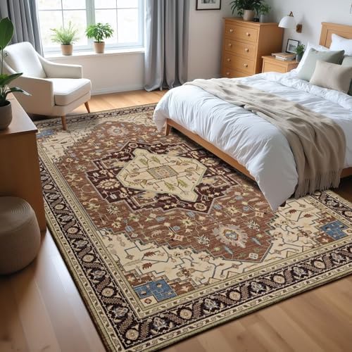 Macgace Washable Vintage Area Rug for Living Room, 6x9 Rugs Mousse Brown