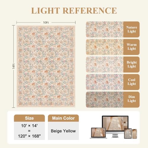 DUKINO 10x14 Area Rugs for Living Room, Washable Vintage Floral Rug, Beige