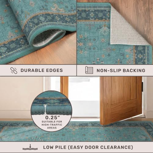 Washable 10x12 Large Teal Teal Boho Living Room Rug - Soft Floral Area Rugs for Bedroom Under Bed, Dining Room Under Table Non Slip, Low Pile & Stain Resistant Carpet