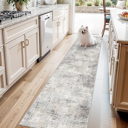 2x8 Washable Hallway Runner Rug – Non-Slip Modern Abstract Neutral Low-Pile Stain-Resistant Carpet Runner for Kitchen Entryway Bedroom Bathroom (Gray Beige,2x8)