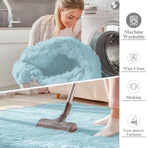 OLANLY 3x5 Machine Washable Small Bedside Rug, Soft Fluffy Shaggy Rugs for Living Room, Bedroom, Indoor Floor Carpet for Kids Girls and Boys, Preppy Dorms, Nursery, Home Decor Aesthetic, Light Blue