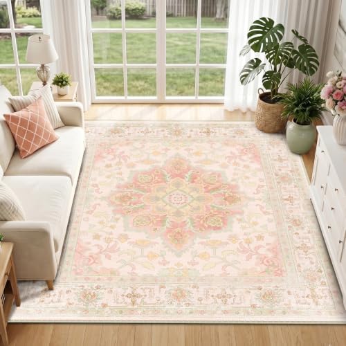 CAPALOCA Square 6ft Washable Nursery Girls Low Pile Area Rug Pink Green