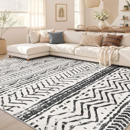 Nakagishi Black Rug Living Room Rugs: 9x12 Machine Washable Boho Large Neutral Modern Soft Moroccan Stain Resistant Indoor Floor Non Slip Accent Carpet for Bedroom Nursery Kids Playroom Office