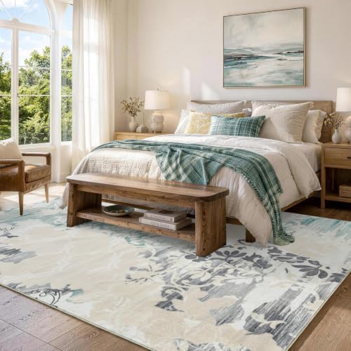 9x12 Washable Non-Slip Area Rug for Living Room (Beige)