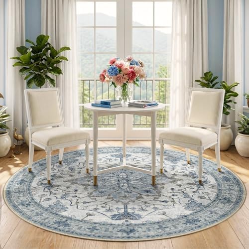 RELEANY Washable Area Rug, Round 5ft, Blue/White/Gray