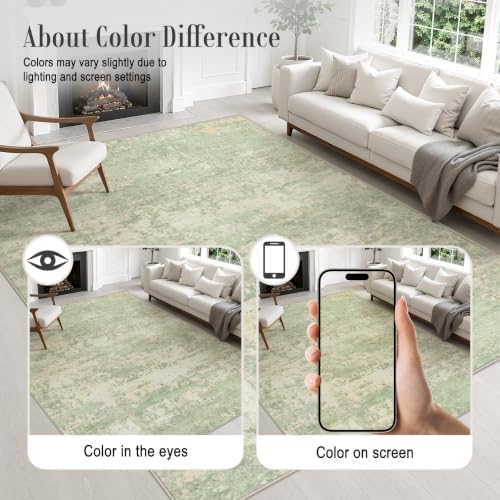 9x12 Area Rug Living Room: Modern Washable Soft Carpet Green Cream