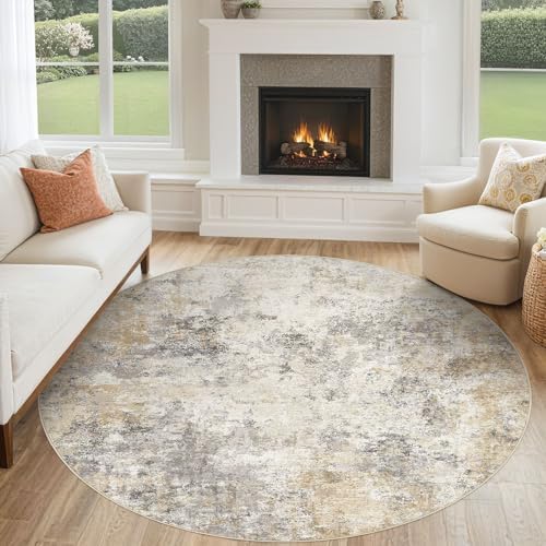 UERMEI 6ft Round Area Rug Living Room Rugs - 6x6 Washable Neutral Modern Abstract Soft Thin Rug Indoor Floor No Slip Rug Carpet for Bedroom Under Dining Table Home Office Decor - Golden Grey