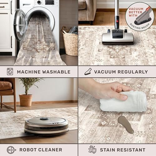 Hazo Haus Washable Neutral Farmhouse Living Room Rug, 5x8 Area Rugs for Bedroom Under Bed, Nursery Room, Boho Vintage Floral Non-Slip Rug Low Pile Stain Resistant (5x8 Beige/Latte)
