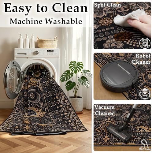 Ruaruarug Washable Area Rug 8×10 Ultra Soft for Living Room, Black and Gold