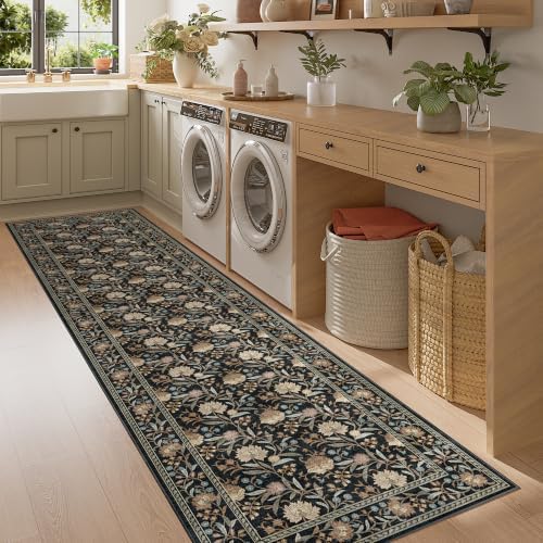 DUKINO 2x8 Runner Rug, Washable Vintage Floral Kitchen Rugs, Black