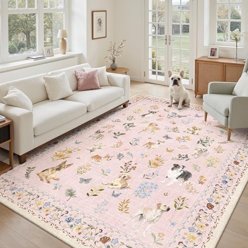 Soalmost Dog 6x9 Pink Area Rugs for Baby Girl Nursery, Washable Soft Rug