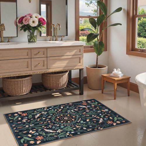 Lahome Washable Insect Botanical 2x4 Runner Rug for Entryway - Machine Washable Non-Slip Hallway Runner Rug, Black Boho Low Profile Soft Faux Wool Kitchen Rug for Bathroom,Bedroom, Hallway