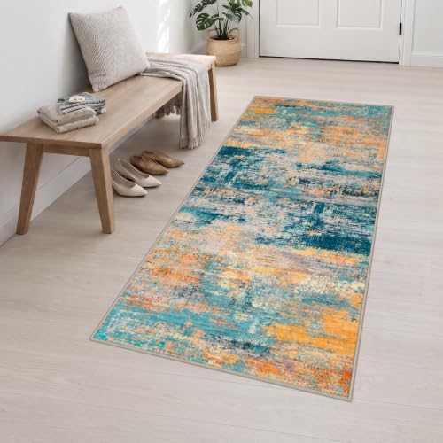 3x8 Washable Runner Rug：Modern Abstract Soft Carpet Rosy Haze
