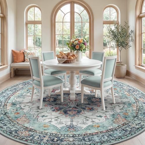 RELEANY Washable Area Rug, Round 10ft, Teal Green/White/Navy