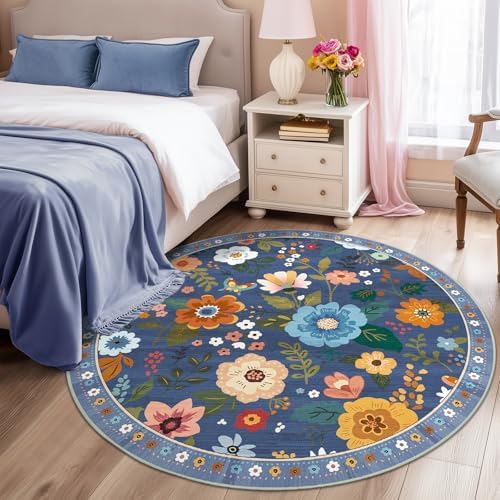 RELEANY Floral Washable Round 6ft Area Rug Blue/Grey