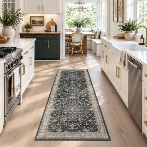 Dark Washable Long Runners for Hallways, 2'6"x8' Wide Kitchen Runner Rug, Entryway Indoor Rug, Non Slip Rubber Backing Boho Vintage Floor Decor, Ashen/Multi