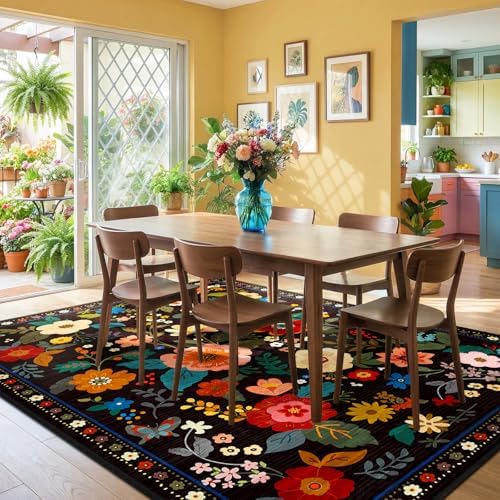 RELEANY Floral Washable 8x10 Area Rugs Black