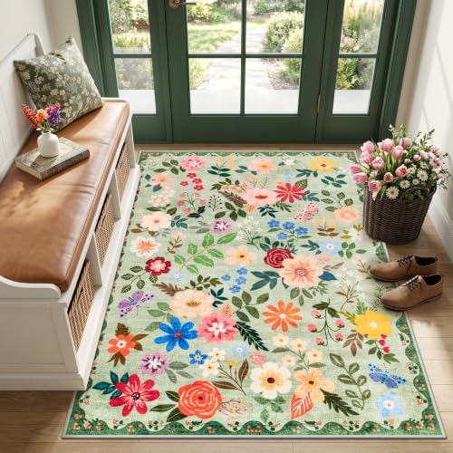 PLHXFR Area Rug Living Room: 3x5 Floral Washable Boho Soft Carpet Green