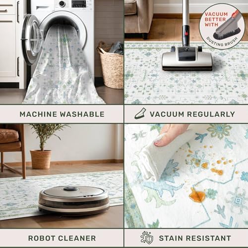 Hazo Haus Blue and Green Living Room Rug 7x10 - Cream Oushak Vintage Boho Floral Farmhouse, Washable Low Pile Non-Slip Extra Large Area Rugs for Bedroom, Kids, Lounge