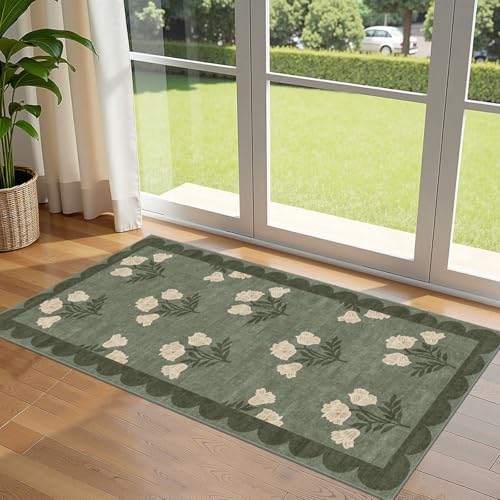 Front Door Mat Indoor Entrance - 2x4.3 Sage Green Boho Floral Rug