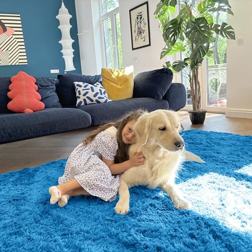 OLANLY 2x3 Machine Washable Small Bedside Rug, Soft Fluffy Shaggy Entryway Throw Rugs for Bedroom, Living Room, Indoor Floor Carpet for Kids Girls and Boys, Home Decor Aesthetic, Bright Blue