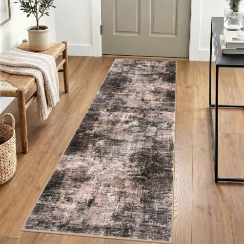 IOHOUZE Abstract Runner Rug 2x6 Ft Washable Runners for Hallways, Non Slip Kitchen Runner Printed Faux Wool Entryway Runner Indoor, Modern Abstract Floor Carpet for Hall Kitchen Bedroom, Brown/Rust