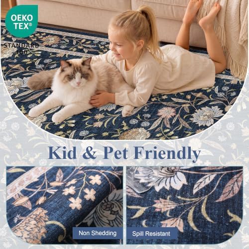 DUKINO 9x12 Area Rug for Living Room Vintage Floral Washable Rug, Navy Blue