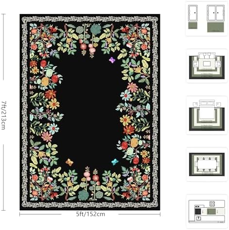 5x7 Area Rugs, Ultra-Thin Soft Rugs for Bedroom, Indoor Non-Slip Washable Rug for Living Room, Dining Room, Low Pile Home Decor Floral Rug(Black)
