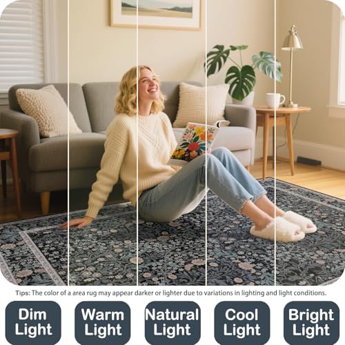 Area Rug for Living Room 10x12 Washable Soft Carpet (Black Flora)