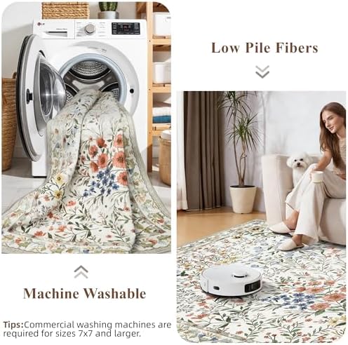 7x7 Vintage Floral Dining Room Rug - 7ft Square Low Pile Non Slip Machine Washable Area Rug, Indoor Carpet for Under Table/Bed Living Room Bedroom Office Nursery Entryway Playroom (7ft Square, Beige)