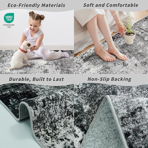 4x5 Washable Entryway Rug – Non-Slip Low Pile Throw Area Rug for Bathroom Kitchen Living Room Bedroom – Modern Abstract Neutral Soft Indoor Small Carpet (Black Grey,4x5)