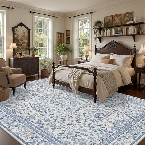 Area Rug 9x12 Living Room: Soft Floral Washable Boho Carpet Blue