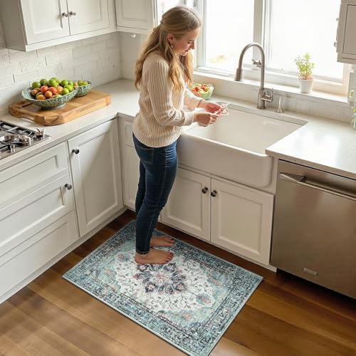 RELEANY Washable Area Rug, Small 2'x3', Teal Green/White/Navy