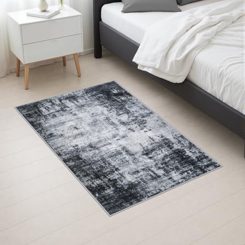 2x3 Washable Entryway Rug: Modern Abstract Soft Carpet Dark Black