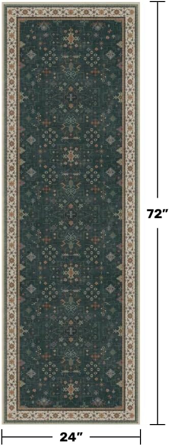 Hazo Haus Dark Green 2x6 Kitchen Rug - Modern Vintage Boho Eclectic Floral with Brown Accent, Washable Low Pile Non-Slip Runner Rugs for Bathroom, Door Mat Indoor Entrance, Hallway, Bedroom, Laundry