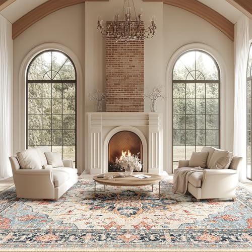 RELEANY Washable Area Rug, Large 10'x14', Beige/Blue/Orange