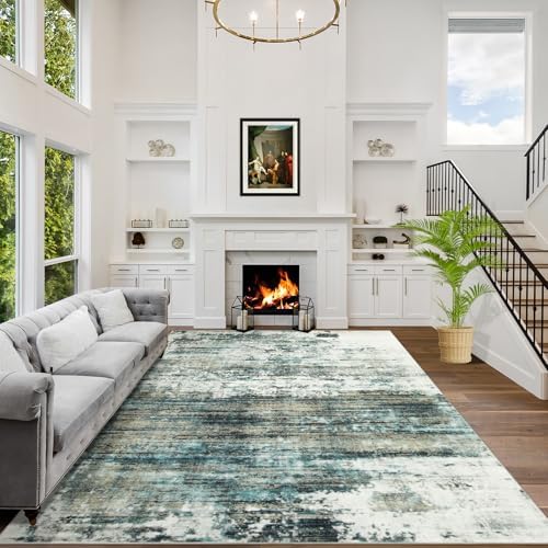 5x7 Area Rugs for Living Room: Washable Abstract Teal Green Bedroom Carpet