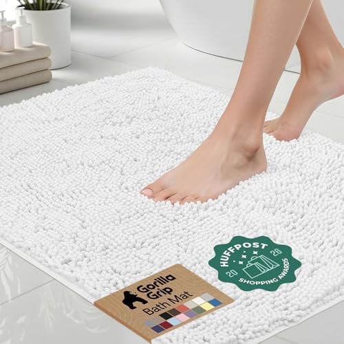 GORILLA GRIP Bath Rug Mat for Bathroom, Absorbent Chenille, 30x20 White